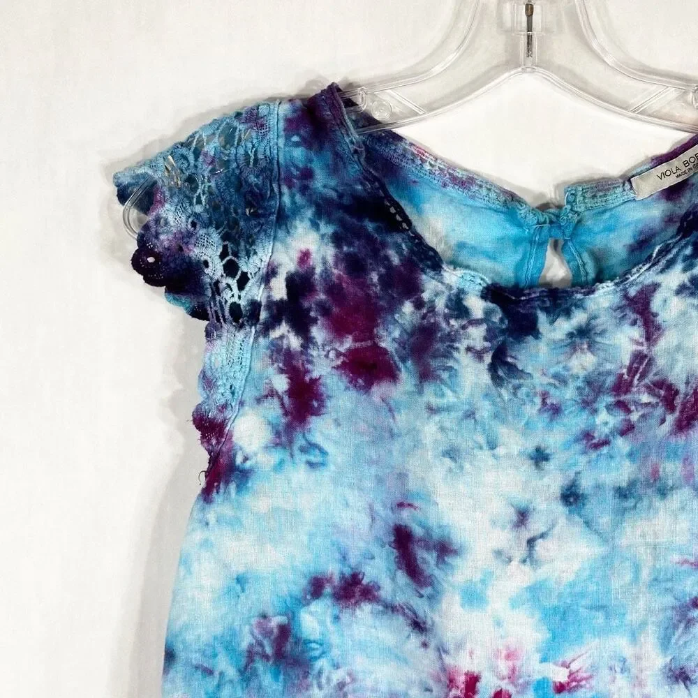 Viola Borghi Medium Top Victory Dance Tie Dye Handmade Blue Linen Lace 1611‎